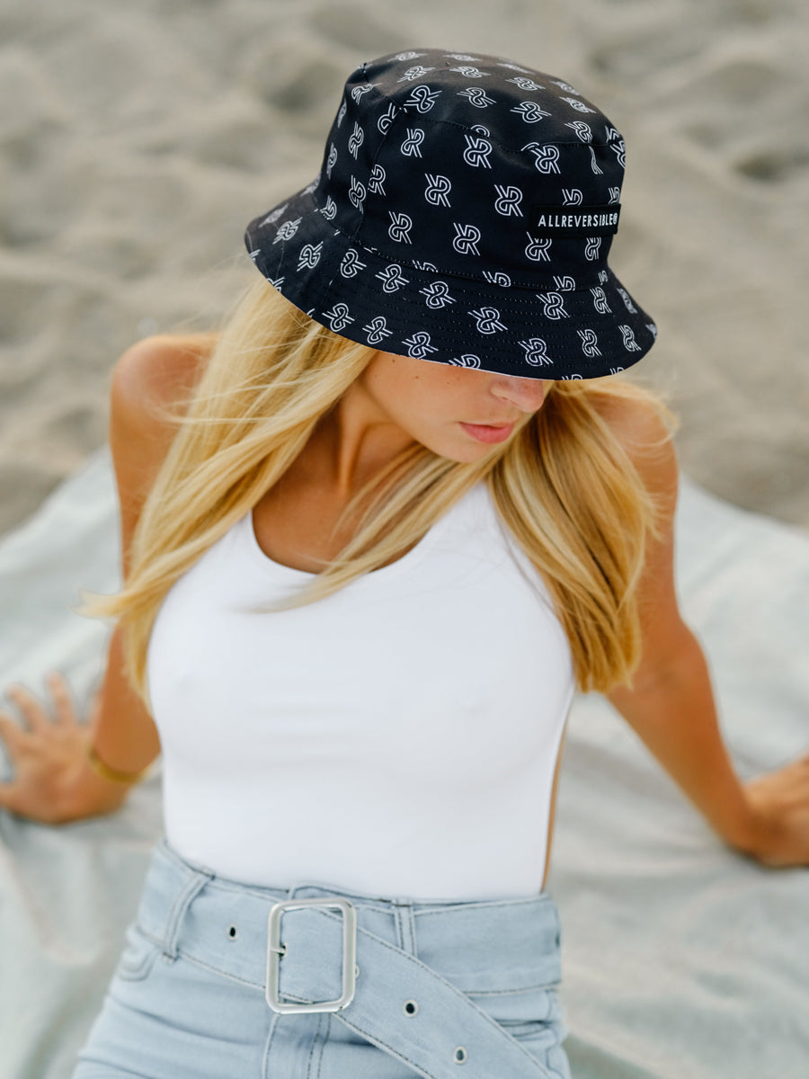 Bucket Hat Reversible Women's One Size Polka Dot Black White + Shiny  black side