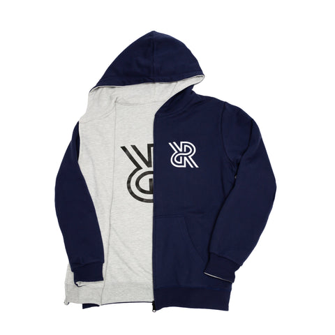 Reversible allreversible brand hoodie hoody full zip navy and grey